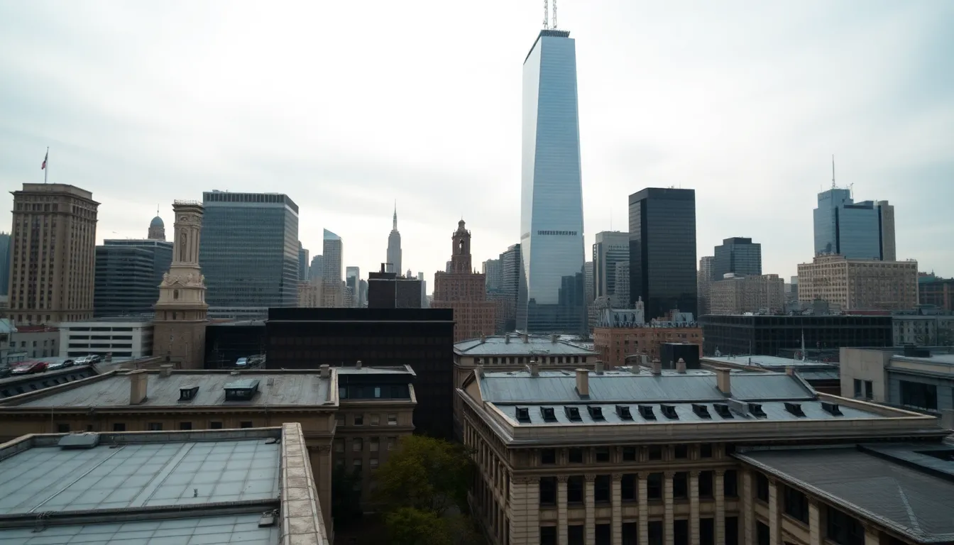 This image presents a serene urban skyline captured under soft overcast daylight, enhancing the gentle textures of the city's architecture. The clarity from foreground to infinity highlights every detail in the buildings while the muted tones create a calm, inviting mood. Leading lines expertly guide the viewer's gaze toward the prominent skyscraper, creating a balanced and symmetrical composition.