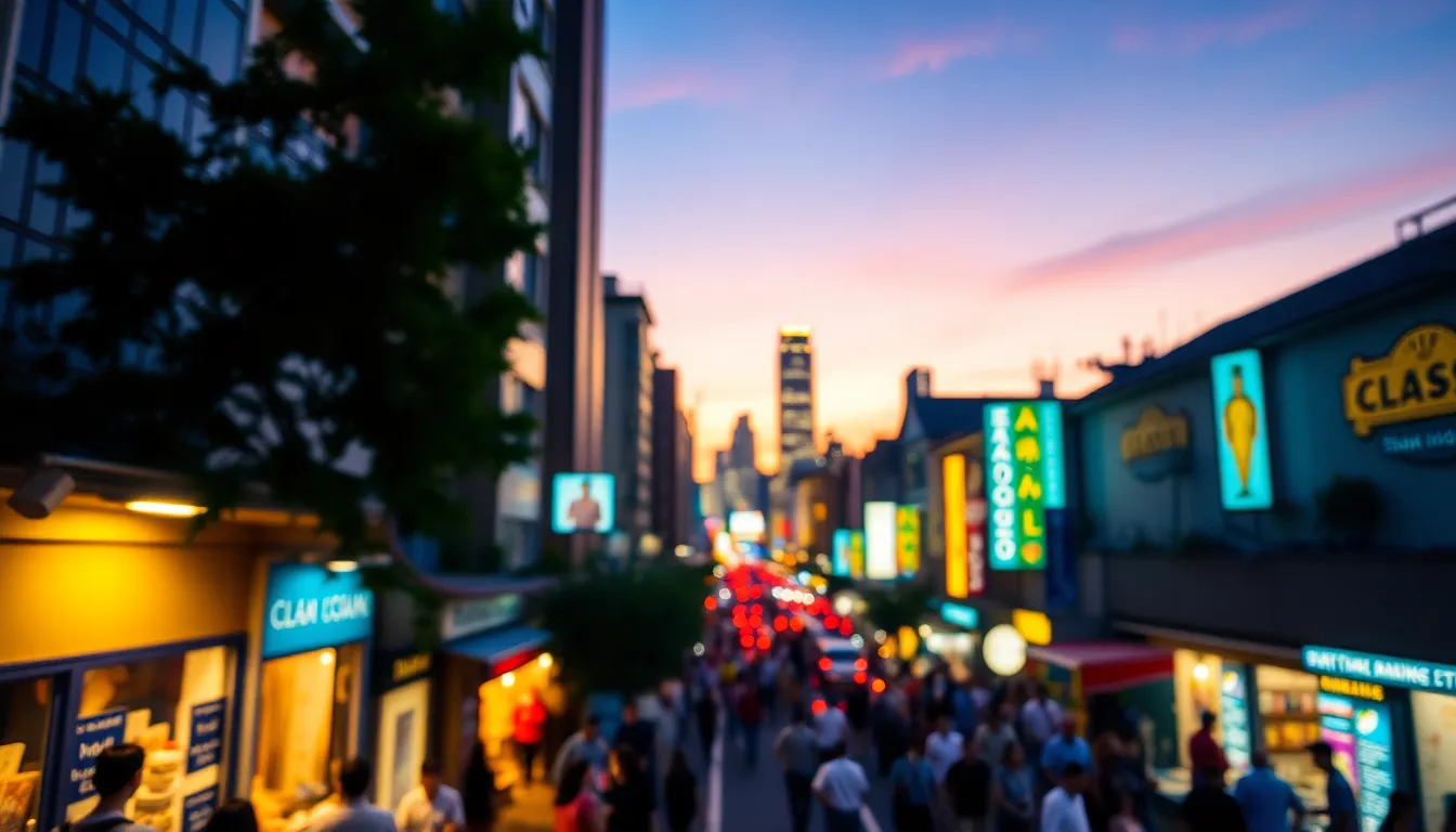 Bustling City Skyline at Dusk with Street Life