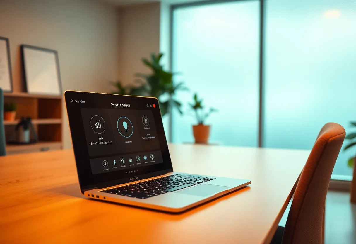 This image captures a high-tech office space, featuring a sleek laptop displaying smart home control software on a modern desk. Ambient daylight filters through frosted windows, creating a calm and serene atmosphere conducive to productivity. The shallow depth of field emphasizes the laptop while softening the workspace in the background. A warm color palette with hints of teal enhances the contemporary decor, and the detailed textures of the desk and fabric chair add depth to the professional setting.