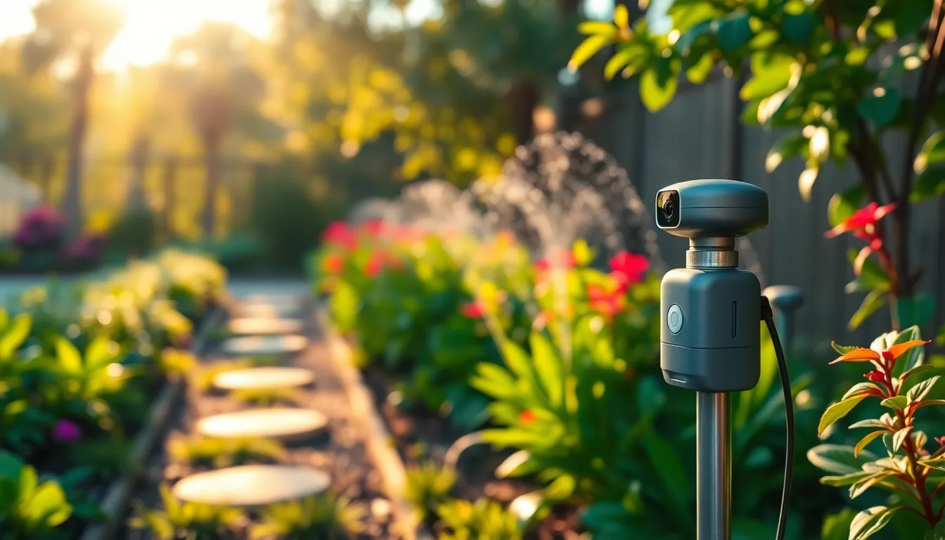 This vibrant outdoor scene captures the essence of a smart garden featuring lush plants and an efficient automated irrigation system. Golden hour light casts a warm glow, while dappled sunlight creates captivating bokeh effects, enhancing the beauty of the garden. The shallow depth of field emphasizes the rich colors of the flora, beautifully contrasting with the modern design of the smart devices. Leading lines of the garden paths draw the viewer in, illustrating the seamless integration of technology within a natural environment.