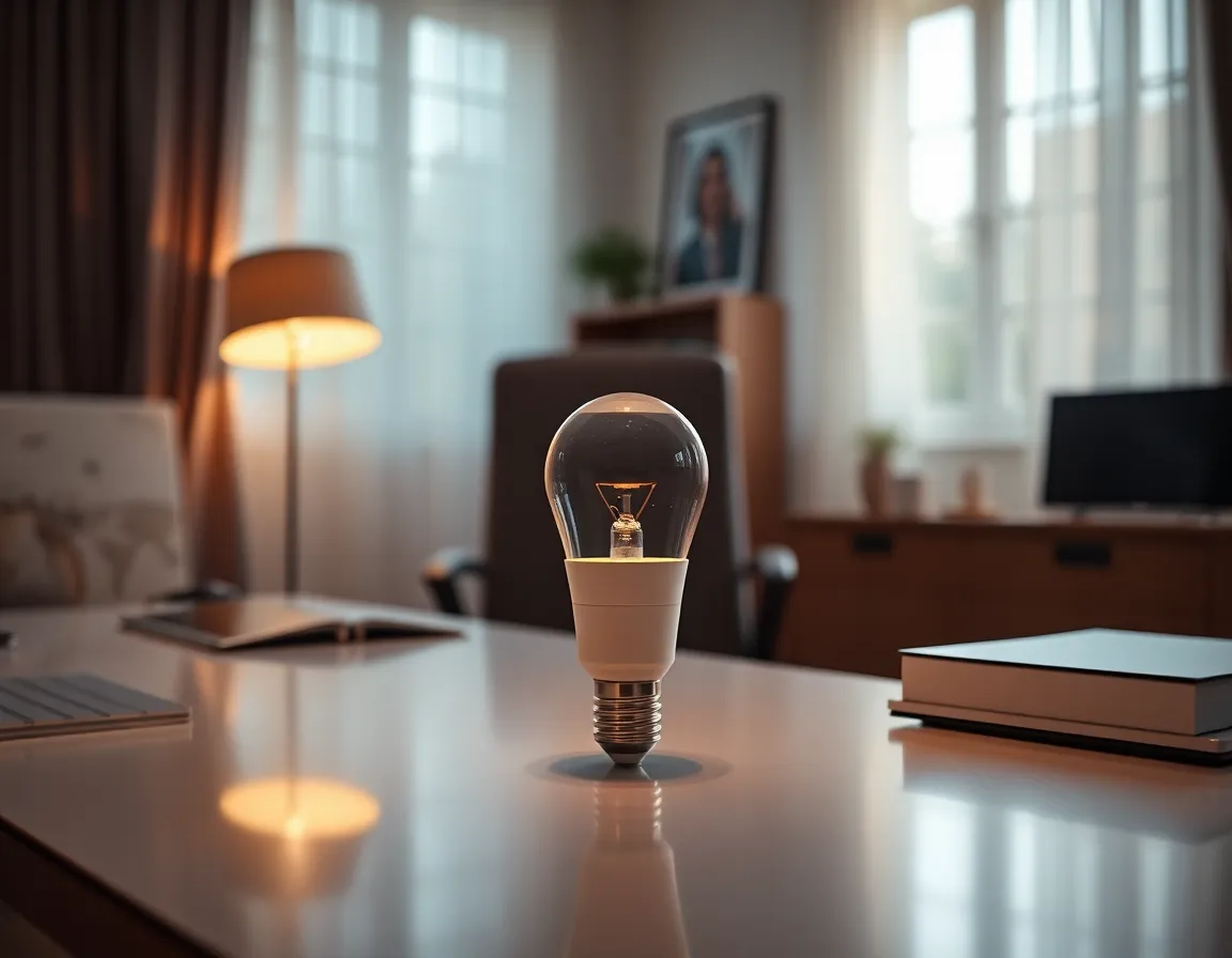 This photograph presents a sophisticated home office, enhanced by a modern smart lighting system. The dramatic Rembrandt lighting accentuates the sleek design of the smart bulb resting on a beautifully crafted desk, while soft shadows dance across the workspace. The shallow depth of field ensures that the focus remains on the bulb, allowing it to shine against a tranquil background of soft whites and warm browns. This composition beautifully captures the marriage of technology and productivity in a serene environment.