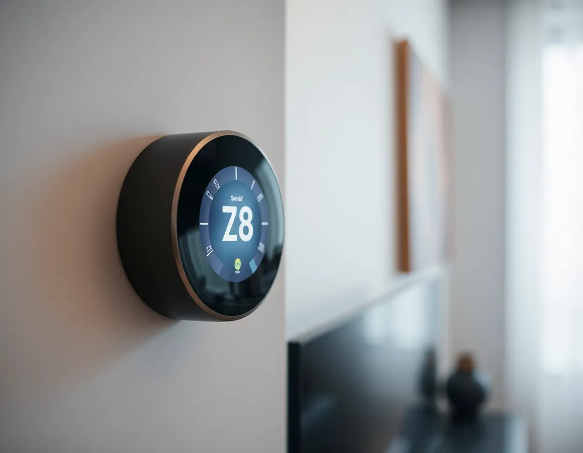 This close-up captures a sleek smart thermostat, flawlessly integrated into a minimalist home environment. The cool ambient backlighting highlights the sophisticated interface of the device, surrounded by clean lines and subtle colors. The shallow depth of field beautifully blurs the background, directing focus entirely on the thermostat and enhancing its elegant design. This image exemplifies the blend of modern technology and minimalistic aesthetics in contemporary living spaces.