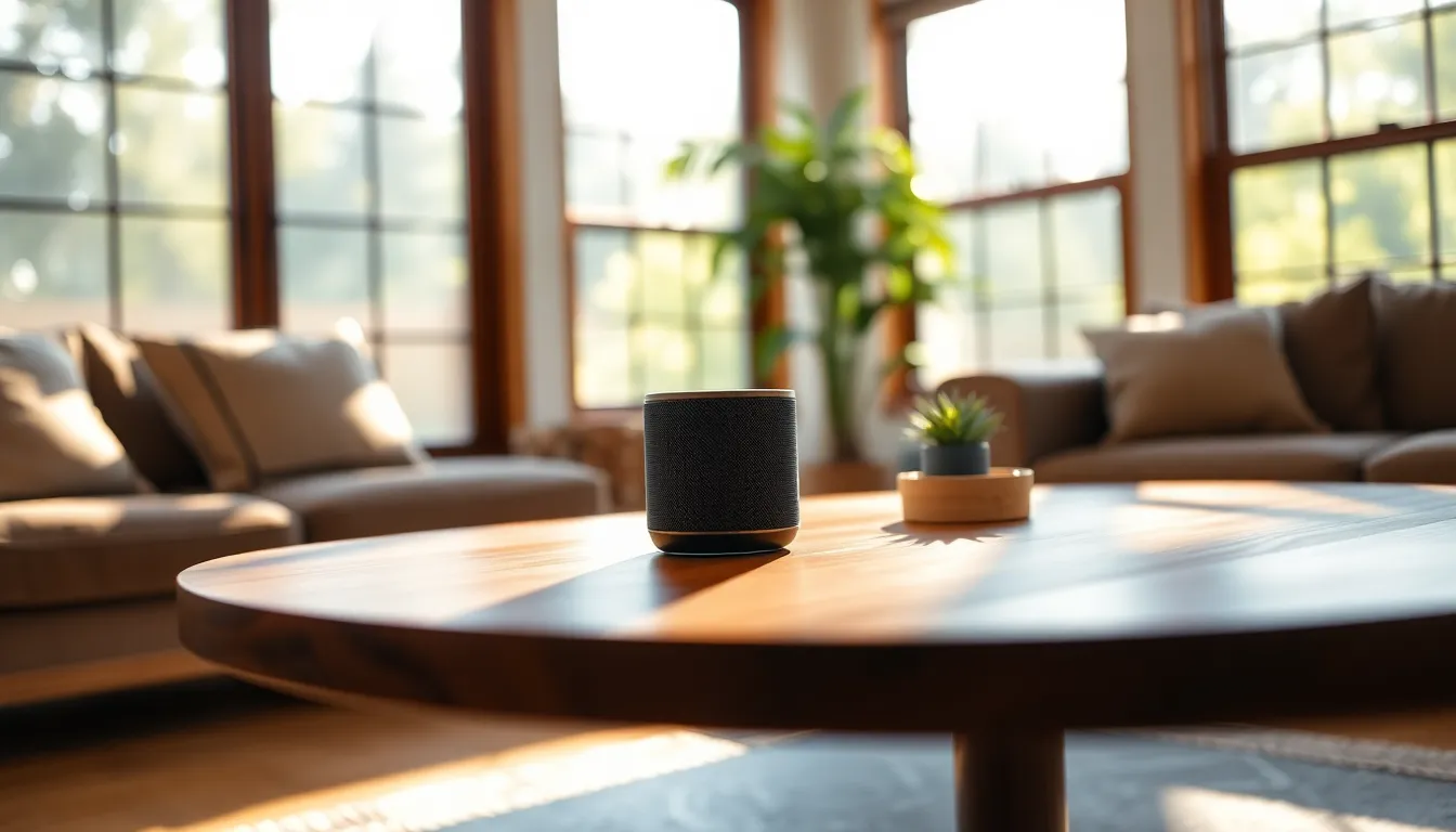 This image captures a contemporary living room designed for comfort and efficiency, showcasing a stylish smart speaker as the focal point. Warm afternoon light streams through expansive windows, illuminating the polished walnut table and lush greenery in the backdrop. The inviting earth tones and soft shadows create a serene atmosphere, embodying the essence of modern technology seamlessly integrated into daily life. The composition artfully balances the speaker with the surrounding warmth of the room, making it a perfect representation of smart home living.