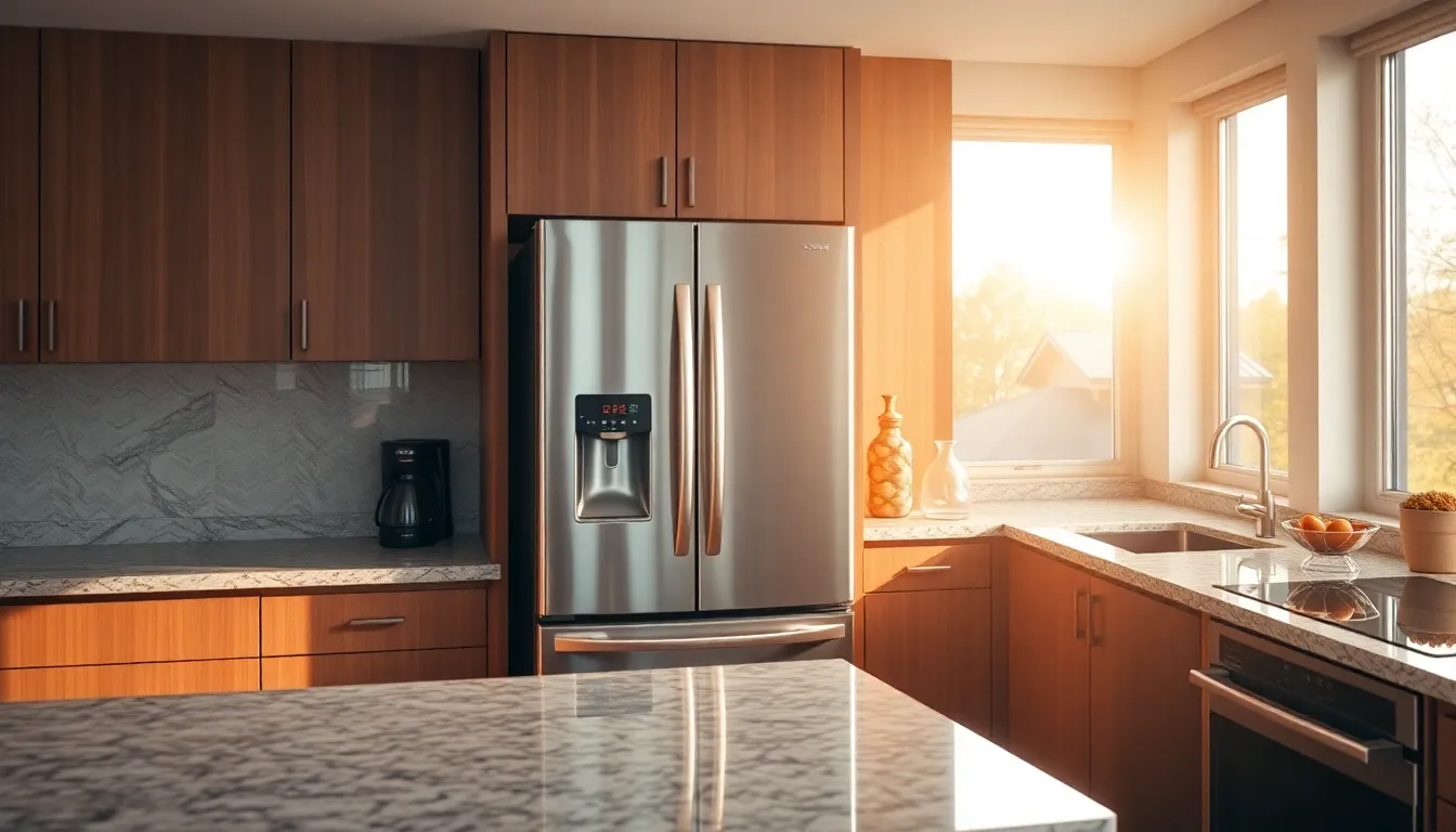 A contemporary kitchen bathed in warm, diffused daylight showcases a sleek smart refrigerator equipped with a digital touchscreen. The granite countertops and stainless steel appliances create a harmonious balance, accentuated by the warm wooden accents in the room. The careful composition emphasizes the fridge as the focal point, inviting viewers into this modern culinary space. The soft bokeh in the background enhances the photorealistic quality, making it ideal for technology enthusiasts and home designers.