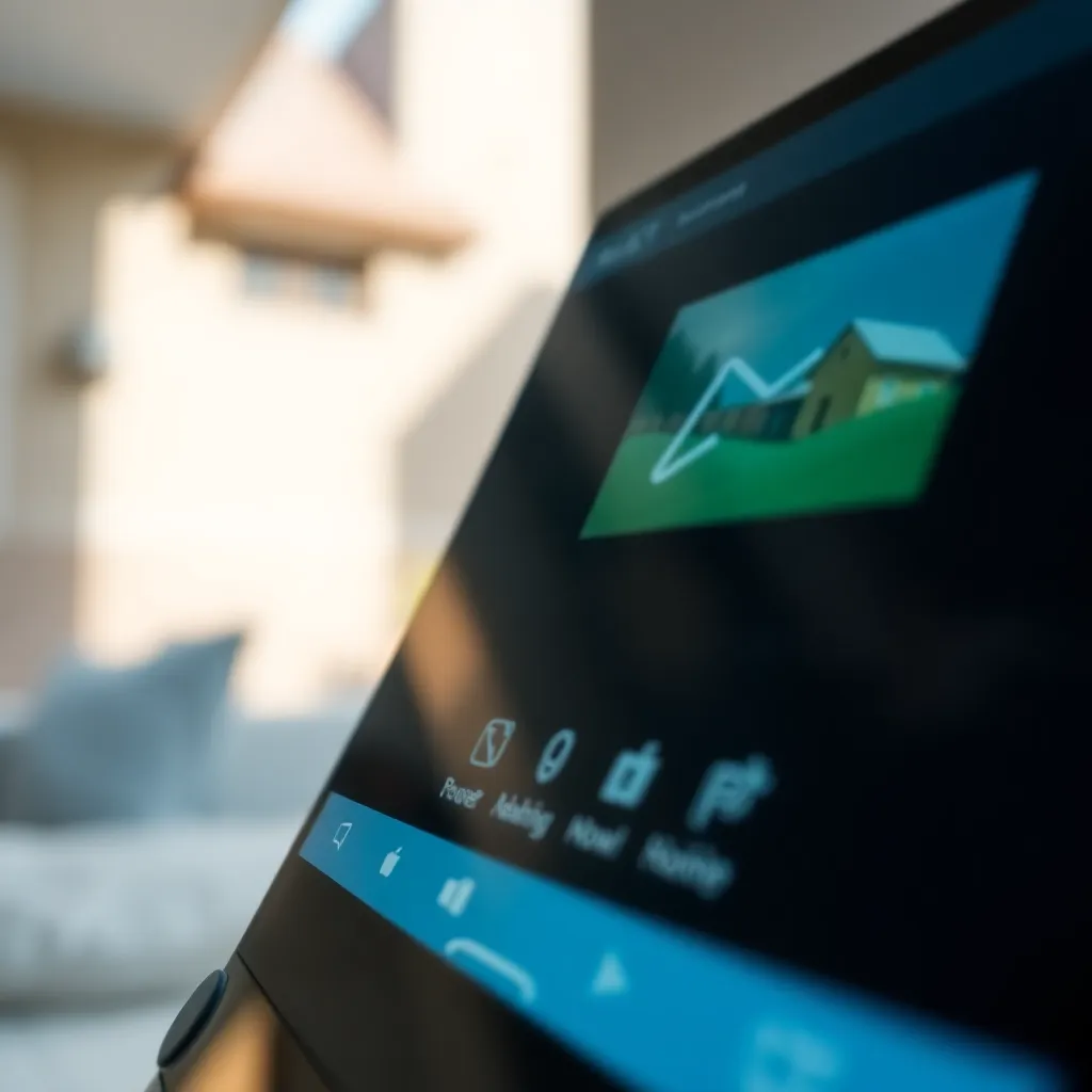 This close-up image features a cutting-edge smart home device interface, showcasing the sleek touchscreen design with exquisite details. Diffused daylight beautifully enhances the glossy surface, making it the centerpiece of the composition. The hyperfocal distance creates clarity throughout, ensuring the viewer can appreciate both the device's function and the inviting residential backdrop. The natural muted tones evoke a sense of comfort and modernity, perfectly blending technology with the home environment.