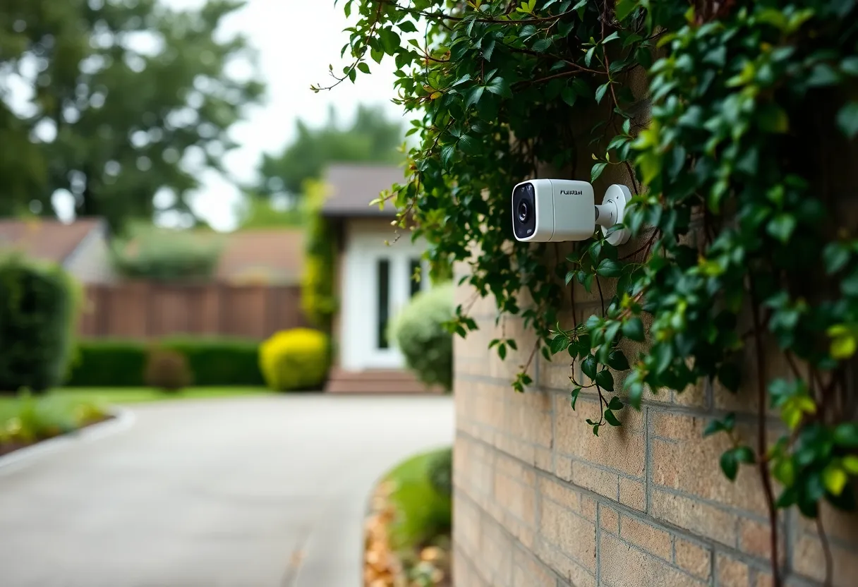 Smart Home Security Camera in Natural Setting This vivid image showcases a smart home security camera strategically mounted on an exterior wall, blending technology with nature. The calm overcast light accentuates the camera's sleek design amid greenery, contributing to a sense of safety. Leading lines from the driveway create a dynamic composition, inviting viewers to consider the relationship between security and home. The natural color palette reinforces a feeling of tranquility.