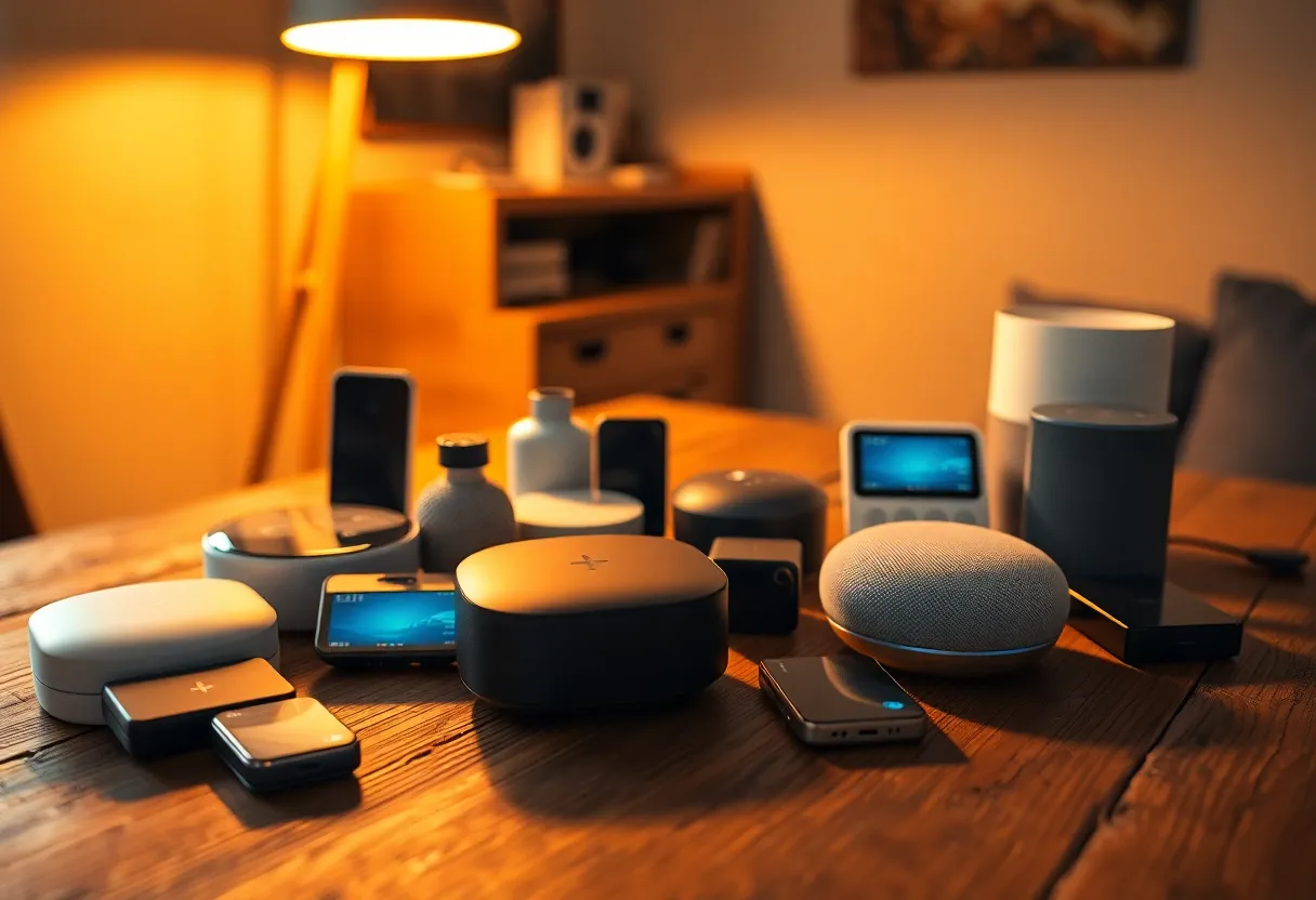 This inviting image showcases a collection of smart home devices elegantly arranged on a rustic wooden table. Warm tungsten lighting creates a cozy atmosphere, emphasizing the sleek metallic finishes of the devices. The shallow depth of field draws focus to intricate details, while the natural wood texture adds warmth. Leading lines from the table's grain guide the viewer's eye through this modern yet inviting tech arrangement.