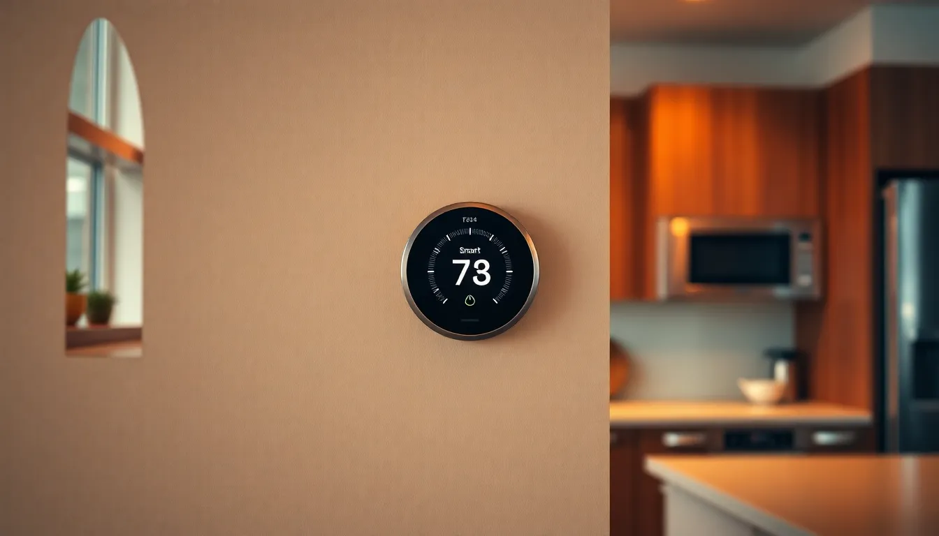 This close-up image showcases a sleek smart thermostat installed on a stylish kitchen wall, emphasizing the elegance of modern technology. Warm light enhances the metallic finish of the device, contrasting beautifully with the textured wall surface. The blurred background hints at a well-equipped kitchen, focusing attention on the functionality and style of the smart home feature. This image reflects the essence of contemporary living, where convenience meets design.
