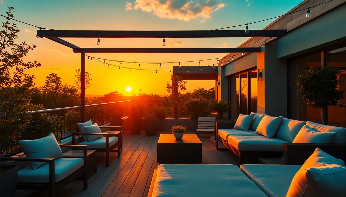A modern outdoor patio comes alive during sunset, featuring smart lighting systems that bathe the area in vibrant colors. The warm golden hour light enhances the sleek lounge furniture, inviting relaxation. With everything in sharp focus, the harmonious integration of technology and nature is beautifully showcased. The cinematic color grading highlights the rich tones of the sunset, creating an idyllic scene for outdoor living. This image captures the essence of modern leisure infused with smart technology.