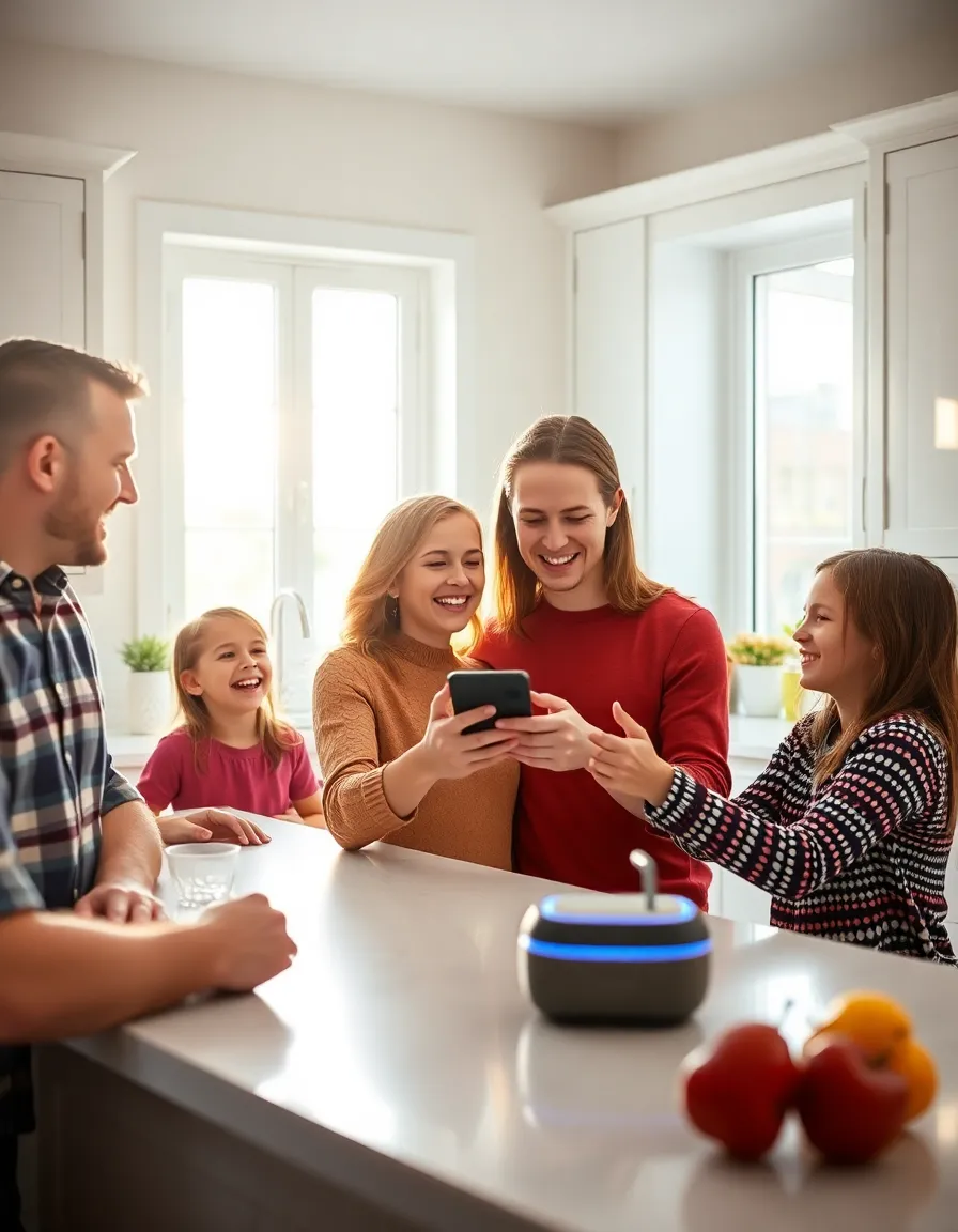 Family Engaging with Smart Home Assistant in Kitchen This lively image features a family interacting with their smart home assistant in a bright kitchen, illustrating the integration of technology in everyday family life. Warm sunlight highlights their joyful expressions, creating a happy atmosphere. The vibrant colors from the kitchen elements enhance the scene's cheerfulness, while the symmetrical composition emphasizes family unity and modern convenience.