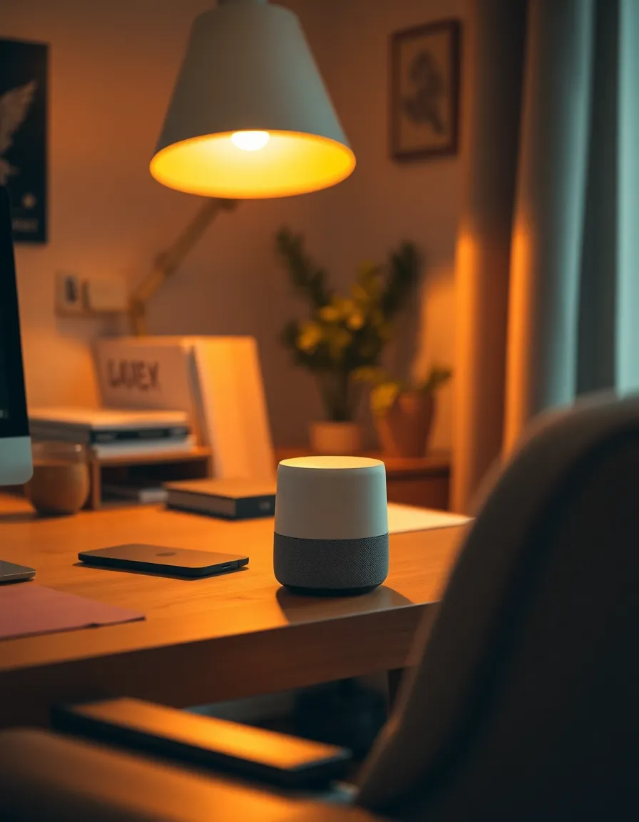 This inviting image portrays a cozy home office featuring smart technology, including a voice assistant and smart lighting. A warm tungsten desk lamp illuminates the workspace, creating a relaxed yet productive atmosphere. The shallow depth of field emphasizes the voice assistant, drawing the viewer's eye into the scene. Rich earthy tones and soft textures contribute to a warm and welcoming environment.