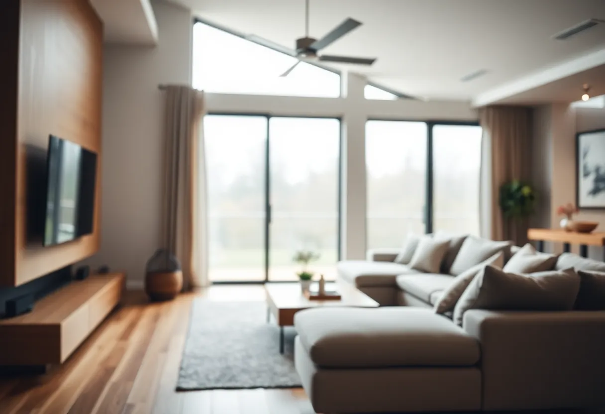 This imagery captures a sleek smart home control panel elegantly integrated within a modern living area. Soft diffused daylight fills the space, highlighting the device while creating a peaceful ambiance. The selective focus on the control panel interface draws attention to its features, with the background softly blurring into an artistic bokeh. The palette of desaturated earth tones conveys sophistication and warmth, making this scene perfect for highlighting modern smart technology.