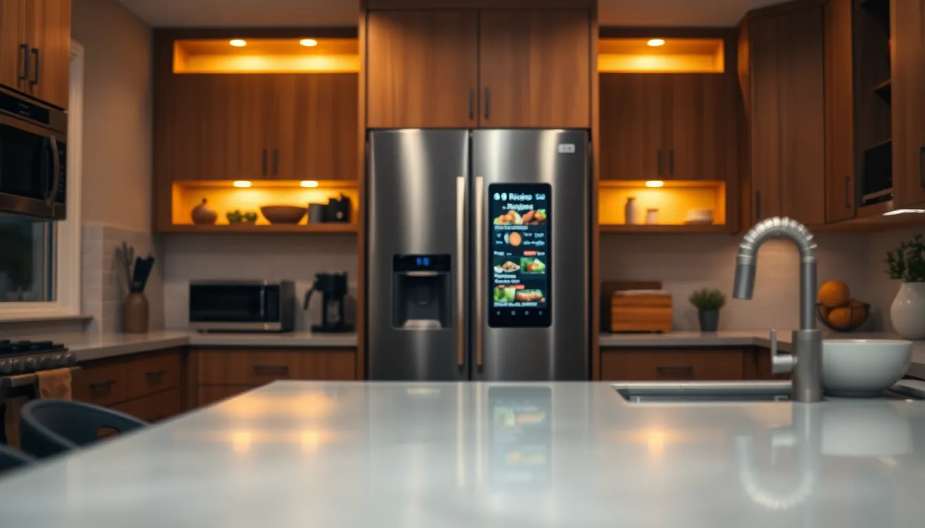 This evening shot showcases a sleek smart refrigerator, highlighted by warm under-cabinet lighting that enhances the modern kitchen's ambiance. The refrigerator's digital display adds a contemporary touch, making it a centerpiece of functionality. The blurred background creates an intimate feel, emphasizing the inviting atmosphere of the kitchen. This image embodies the future of cooking, where technology enhances the culinary experience.