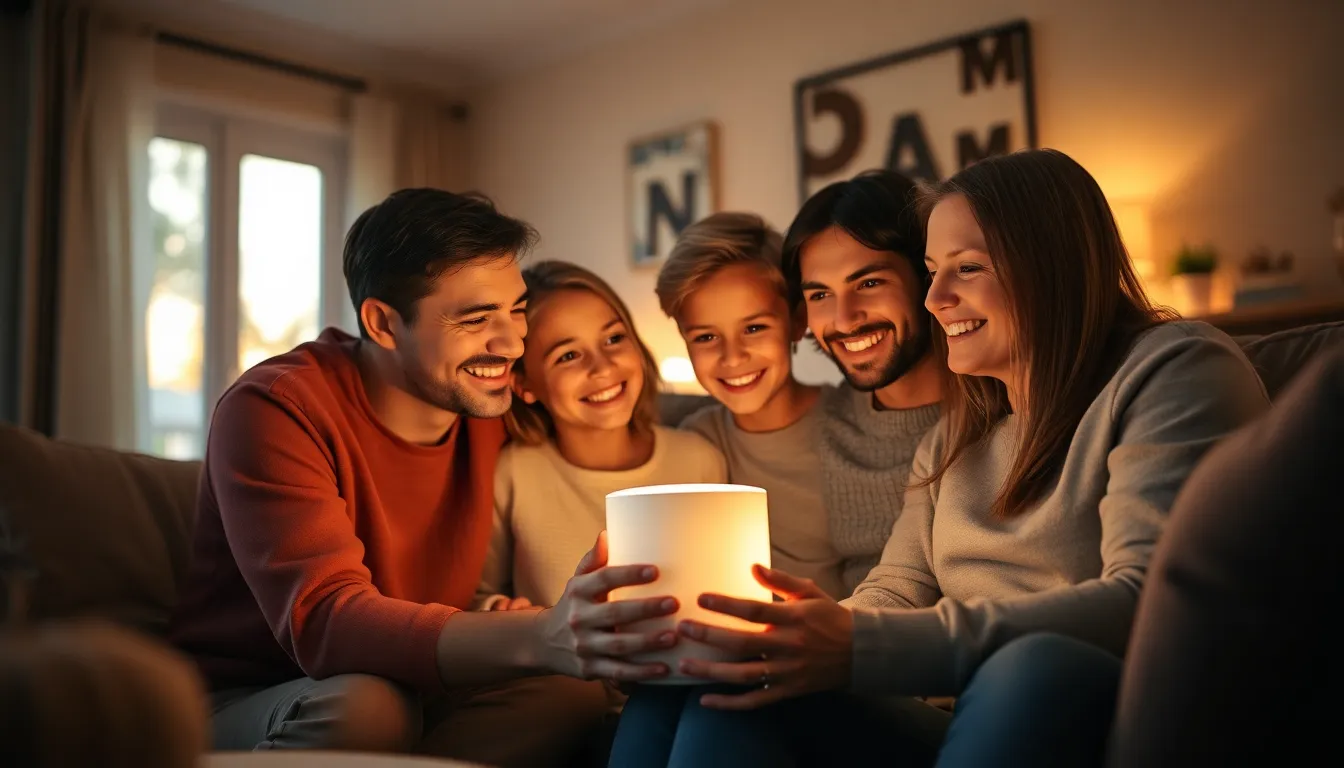 Family Using Smart Home Assistant During Golden Hour