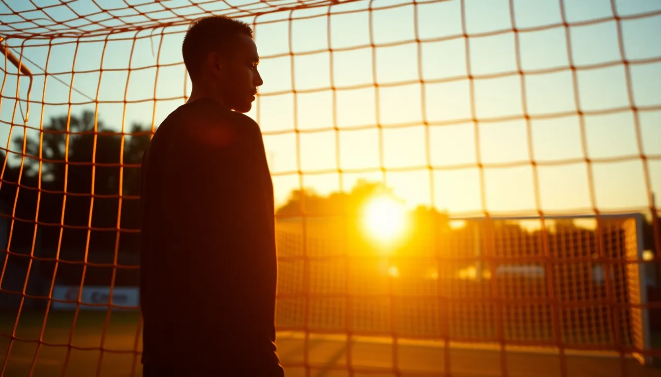 A striking silhouette of a soccer player poised to take a shot during sunset, as the warm golden light creates a captivating atmosphere. The background features the goalposts, enhancing the focus on the player. The image captures the serene yet charged moment before the action, with the texture of the net and the grass detailed in foreground focus. The warm tones evoke a feeling of optimism and determination.