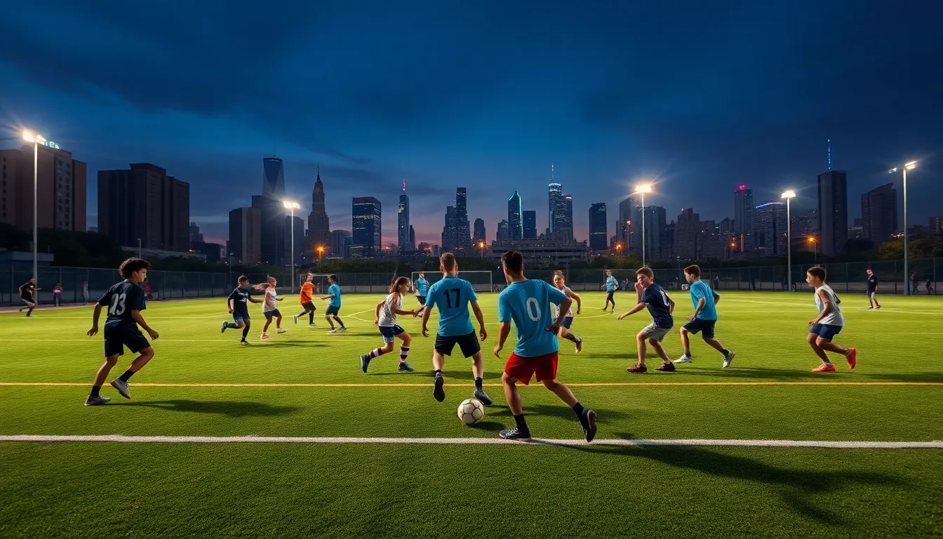 An urban soccer field comes alive at dusk, illuminated by vibrant artificial lights against the backdrop of a silhouetted city skyline. The lively scene showcases a group of young players immersed in a spirited match, embodying the energy of city life. With sharp focus throughout, the image highlights the excitement on the field contrasted with the soft hues of the twilight sky. Leading lines from the field markings direct the viewer's attention, encapsulating the passion and camaraderie in urban soccer culture.