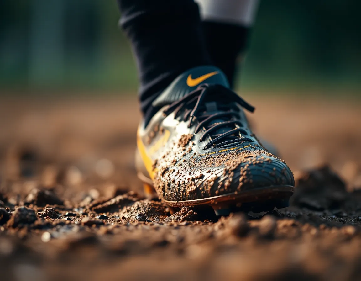 Close-Up of Muddy Soccer Cleat After a Match