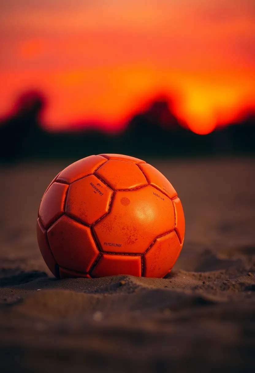 Soccer Ball on Sandy Pitch at Sunset