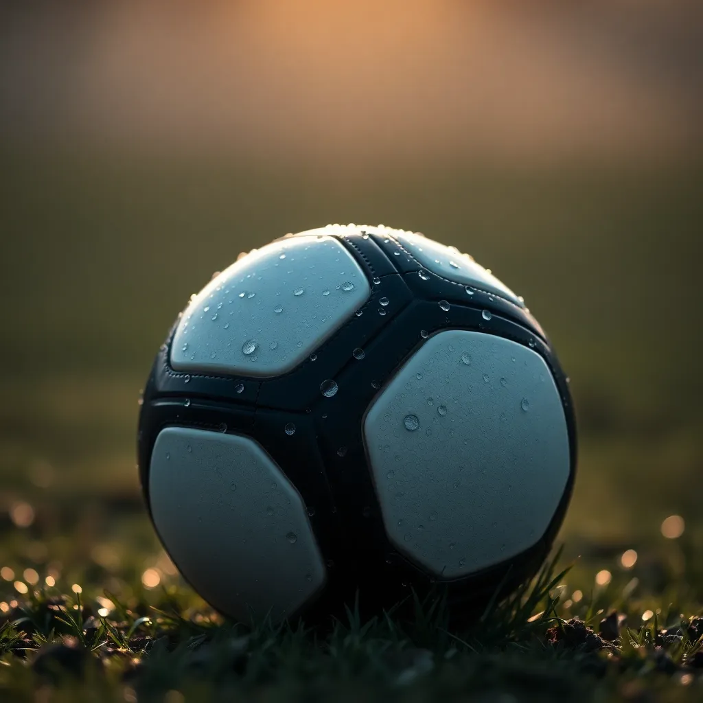 Soccer Ball with Dew Drops in Morning Light