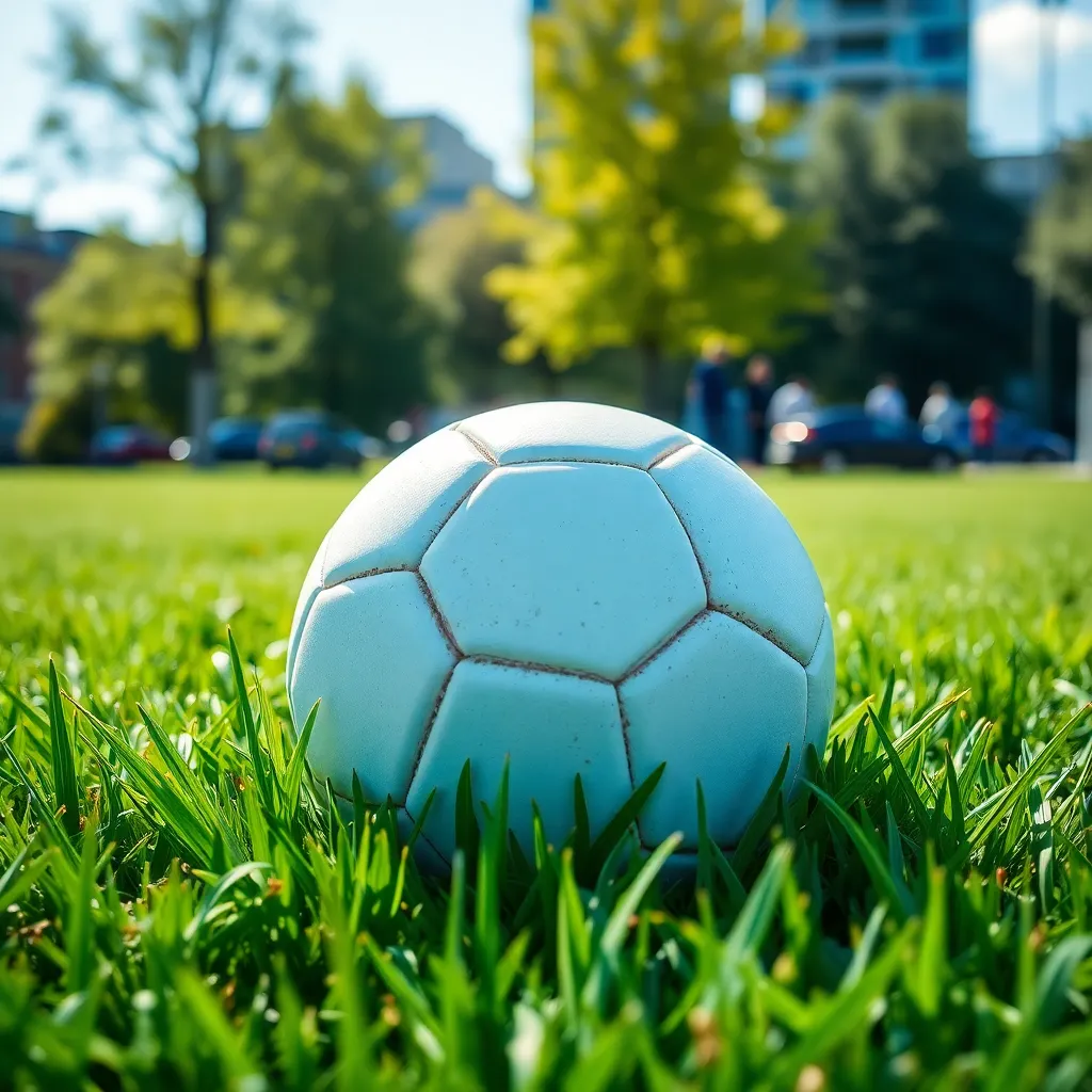 A close-up image of a soccer ball resting on lush green grass, set in a vibrant urban park. The bright, sunny afternoon light enhances the colors, making the green grass and the ball's design pop. The shallow depth of field draws attention to the textures, creating an inviting and playful feel. It's a moment depicting leisure and the joy of outdoor sports.