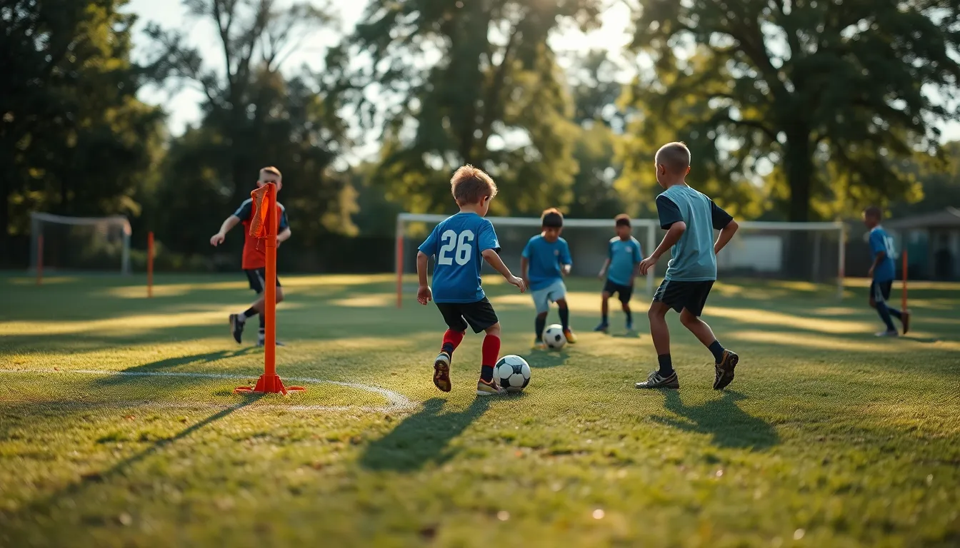 A captivating scene of young players practicing soccer in a park, their focus captured as they engage in a drill. Natural diffused daylight bathes the scene in soft light, highlighting their movements and expressions. The organized chaos of practice is enhanced by the blurred background, allowing a glimpse into the rich textures of grass and fabric. The composition welcomes the viewer into this communal sporting space.