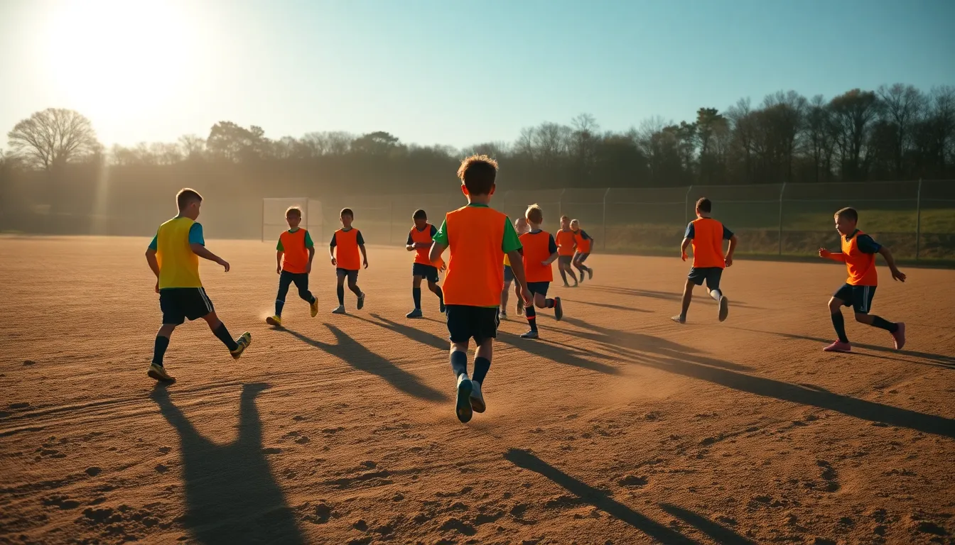A vibrant scene of youth soccer practice captured in warm late afternoon light. Players practice on a sunlit field, their colorful vests contrasting with the earthy tones of the ground. The leading lines of their movements draw viewers into the action, while long shadows add depth and interest. This dynamic shot embodies the essence of youth sports and the enthusiasm for the game.