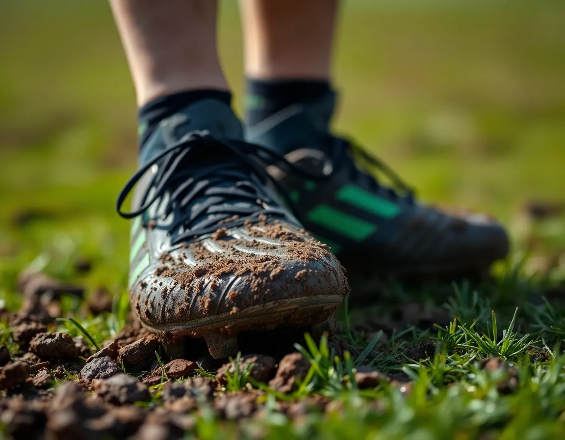 A captivating close-up image features a pair of worn soccer cleats resting in the mud on a grassy field after an intense match. The natural light beautifully highlights the gritty textures of the mud clinging to the cleats, set against a backdrop of vibrant green grass. With a shallow depth of field, the image draws the viewer's attention to the details of the shoes, symbolizing the hard work and dedication of the athlete. This scene encapsulates the spirit of sport, with earthy tones reflecting the resilience of outdoor play.