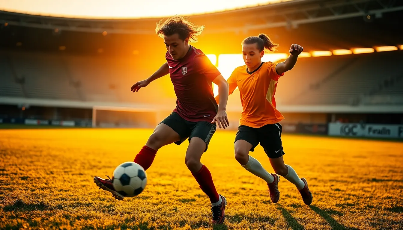 Soccer Players Competing at Sunset