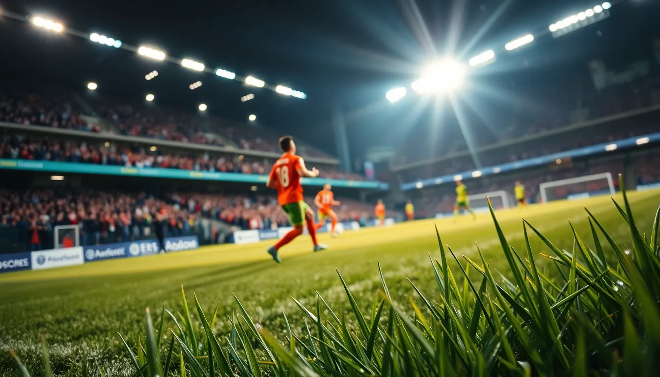 Exciting Soccer Match Moment Under Stadium Lights