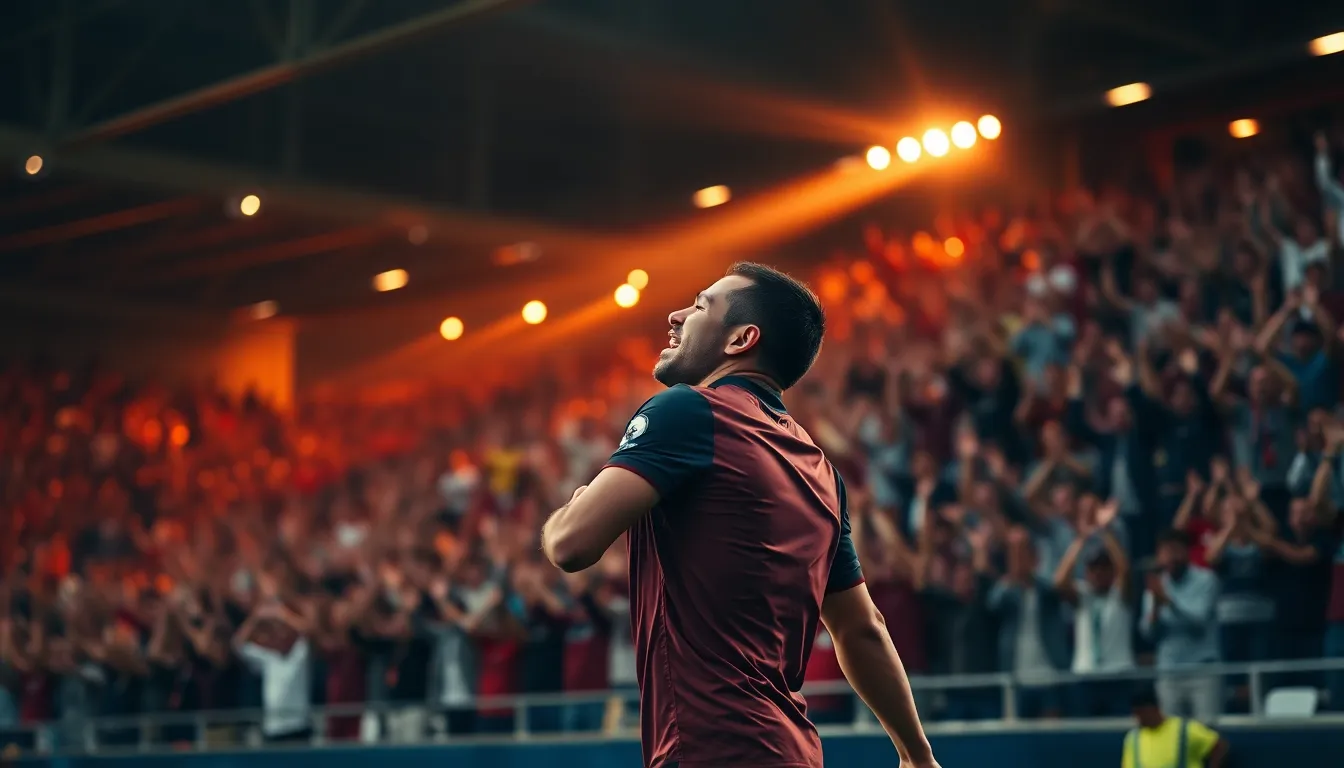 An electrifying moment captured as a soccer player celebrates scoring a goal, surrounded by a roaring crowd. The warm glow from stadium lights highlights the player's triumph, drawing the viewer's attention to the intense emotion of the celebration. The blur of fans adds depth, emphasizing the connection between the player’s joy and the supporters' energy. This dynamic composition creates a powerful narrative in a single frame.