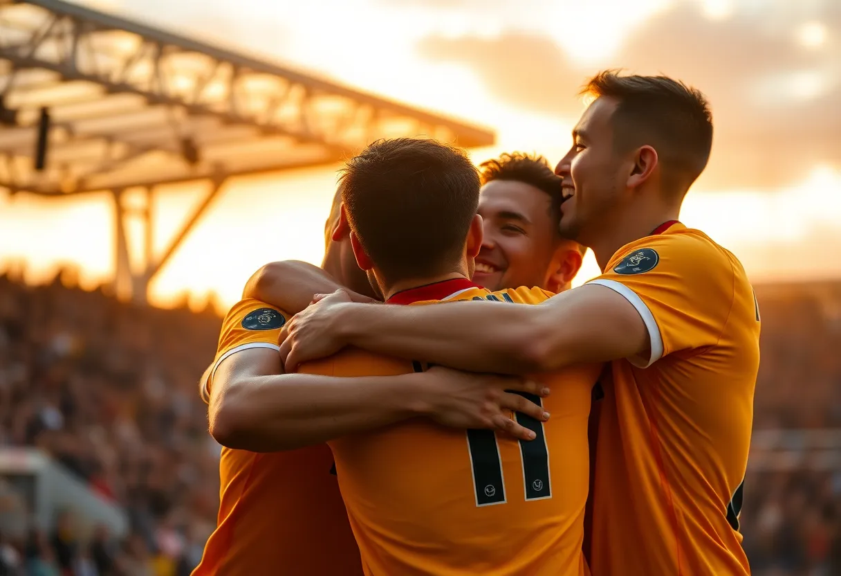 An intimate moment of joy on the soccer field as players celebrate a goal during golden hour. The warm light creates a halo effect around the jubilant athletes, highlighting their gleaming skin and expressions of triumph. The blurred background adds depth, focusing the viewer’s attention on the players' excitement. This emotional capture conveys the thrill of soccer and the bond of teamwork.