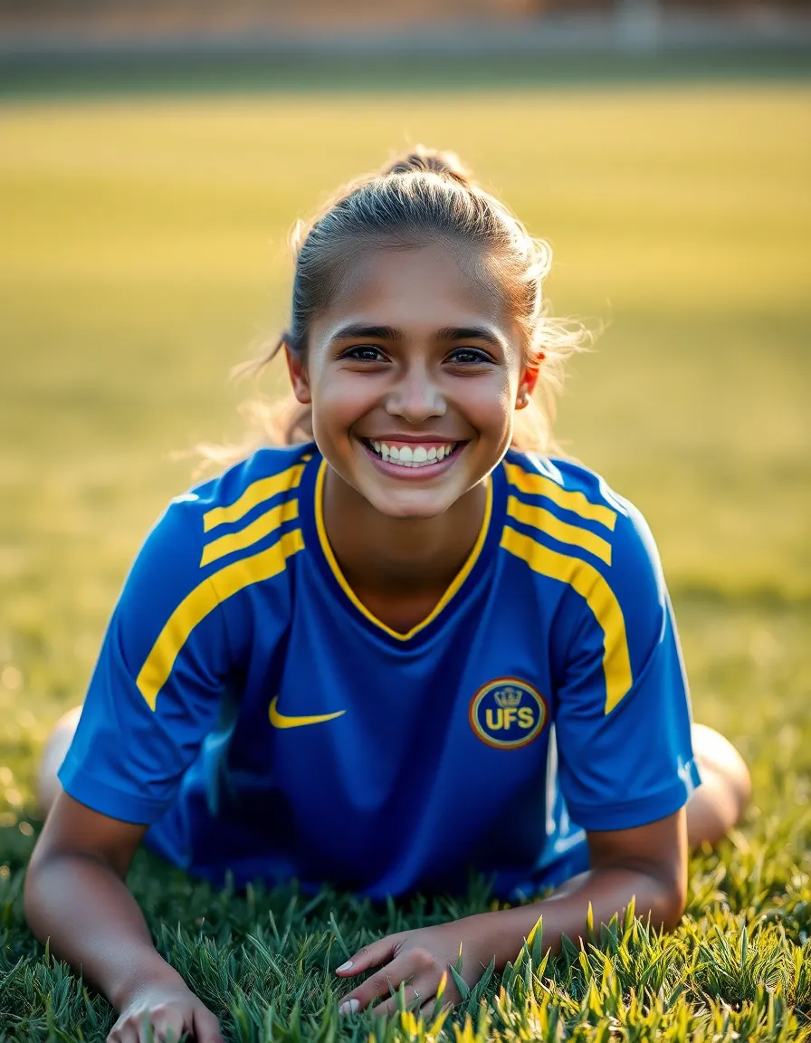 A heartfelt portrait of a young female soccer player basking in the afterglow of victory. Sitting on the vibrant green grass, she sports a brightly colored blue and yellow jersey, her face illuminated by soft afternoon sunlight. The shallow depth of field beautifully isolates her joyful expression, highlighting the texture of the grass and the sweat on her brow. This image exudes a sense of achievement and the emotional rewards of sports.