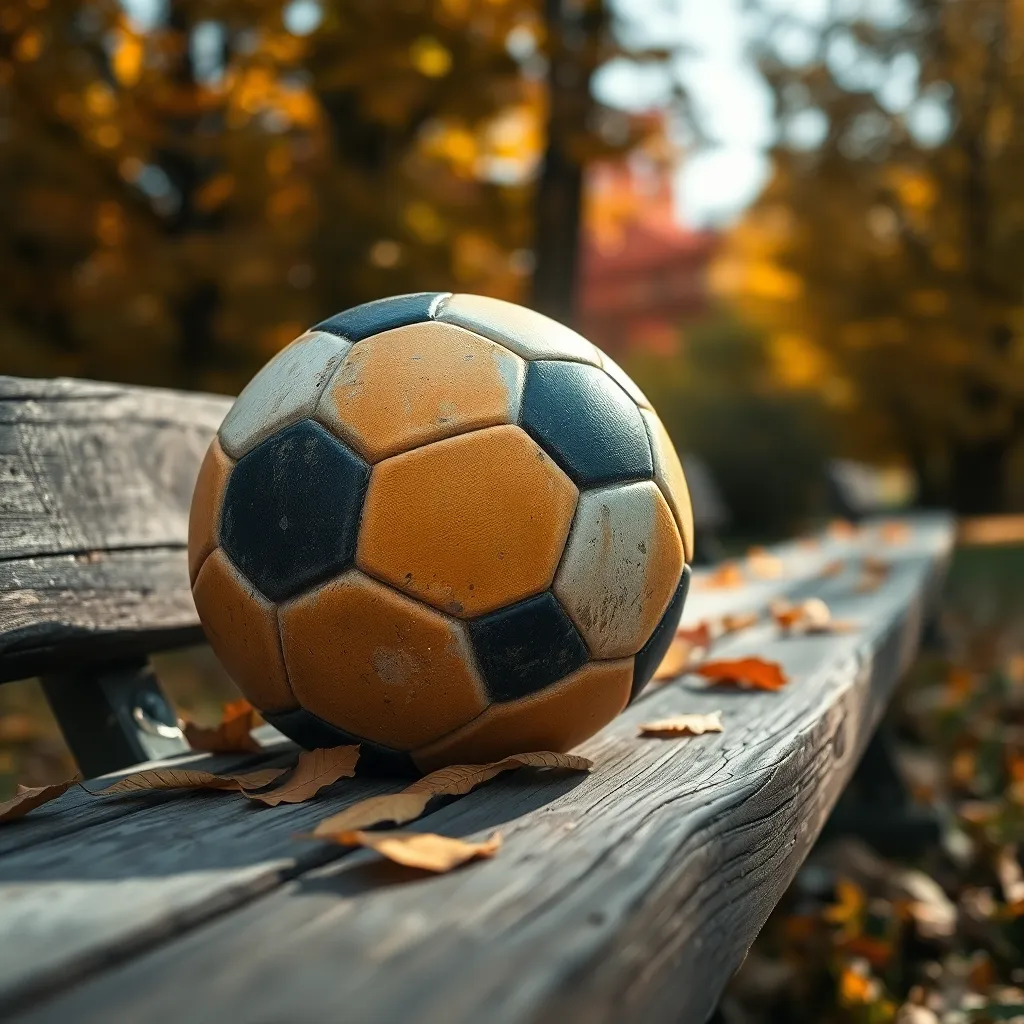 A nostalgic close-up captures a weathered soccer ball resting on a rustic wooden bench, surrounded by vibrant autumn leaves. Soft natural light filters through the tree canopy, casting enchanting dappled shadows that enhance the warmth of the scene. With a focus on the ball's textured surface and faded colors, the image evokes memories of play and camaraderie. The warm earthy palette invites viewers to reflect on the joy of soccer amidst the beauty of autumn.