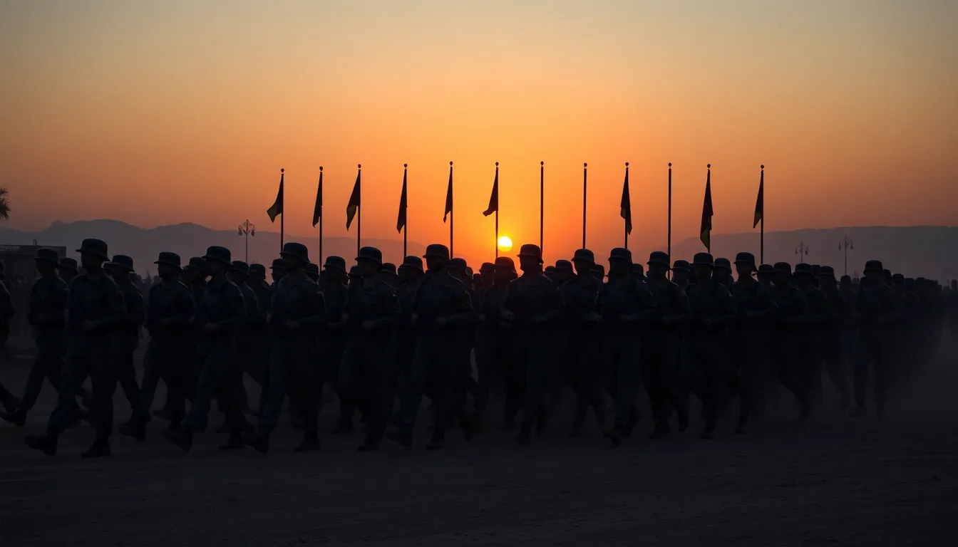 This evocative image portrays a formation of soldiers marching solemnly across dusty terrain during a dusk ceremony. The silhouetted flags flutter in the background, enhancing the sense of pride and tradition. Rembrandt lighting captures the poignant moment, while the deep navy and olive green color palette reflects the military heritage. The centered composition highlights the unity and discipline of the soldiers, grounding the viewer in the emotional weight of the ceremony.