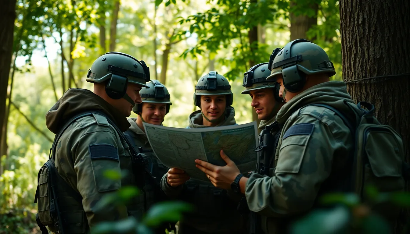 A team of soldiers wearing camouflage uniforms is engrossed in studying a tactical map while surrounded by the lush greens of a forest. The dappled sunlight creates an ethereal atmosphere, enhancing the camaraderie among them. Their focused expressions emphasize the seriousness of their mission amidst the tranquil yet tense environment. The texture of their gear and the natural elements around them add depth to the scene.