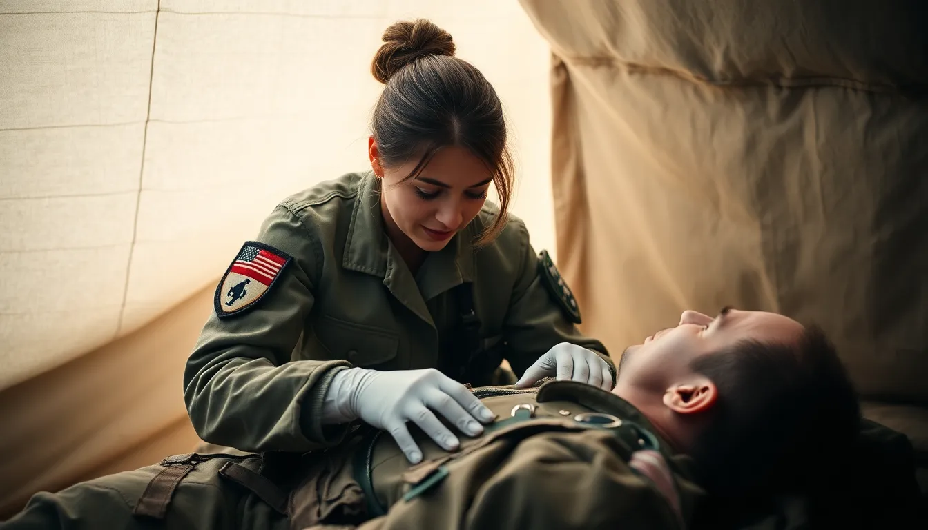 This poignant image captures a military medic in a makeshift field hospital, delicately tending to a wounded soldier. Soft, diffused daylight highlights the urgent yet compassionate scene within the canvas tent. The soothing color palette of soft blues and earthy tones enhances the emotions present, while the shallow depth of field draws attention to the medic’s focused expression. The intimate composition illustrates the vital role of care in the military context.