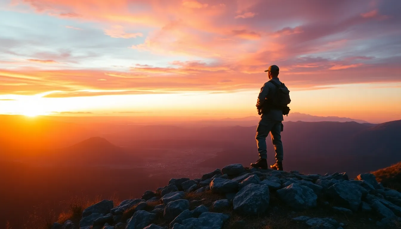 This evocative image captures a lone soldier standing atop a rocky hill, silhouetted against a stunning sunset. The expansive valley below stretches out, providing a sense of vastness and solitude. Warm golden hour light bathes the scene, deepening the colors and emphasizing the rugged landscape. The soldier's contemplative posture suggests a moment of reflection, creating a powerful narrative immersed in nature's beauty.