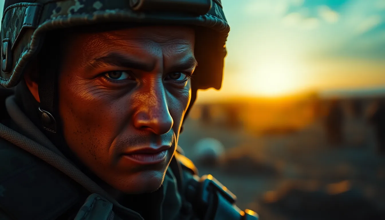 A determined soldier stands amidst a gritty battlefield during golden hour, with the sun casting dramatic shadows. His focused expression and rugged camouflage gear reflect his commitment to duty. The selective focus draws attention to his piercing eyes, while the blurred background softens the chaos, creating a striking contrast. The cinematic teal and orange colors heighten the emotional impact of the scene.