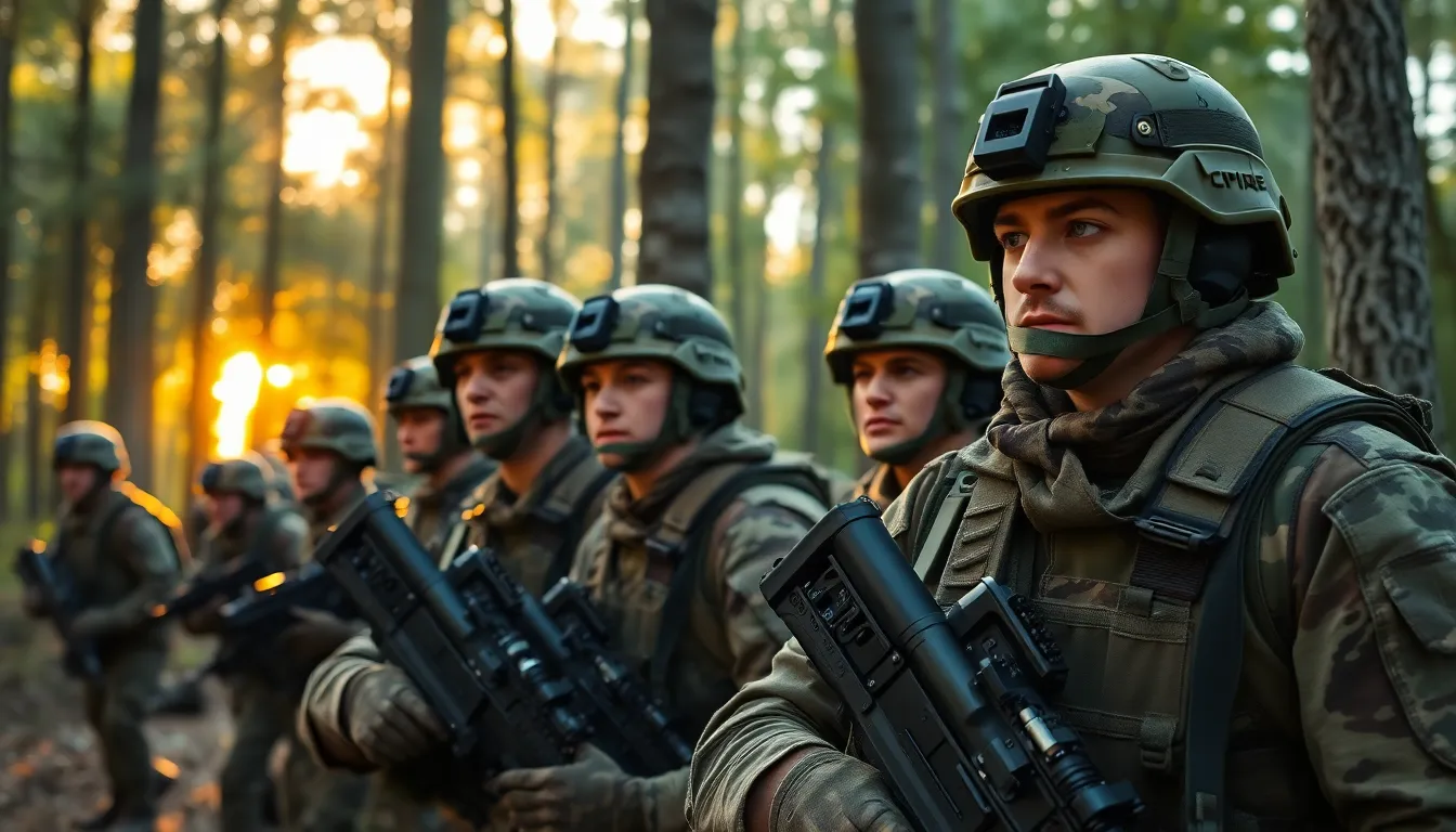Soldiers Engaged in Forest Training Exercise The image depicts a unit of soldiers in tactical gear during a training exercise in a lush forest. With the sun setting behind them, the warm light creates a dramatic effect, enhancing their focused expressions. The rich green hues of the forest contrast beautifully with their camouflaged uniforms, adding depth to the scene. This composition captures both the intensity of their training and the serene beauty of the natural environment.