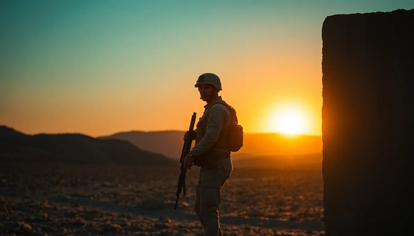 A dynamic scene captures military personnel engaged in urban combat training, illuminated by high-contrast Rembrandt lighting. The use of a telephoto lens allows for a hyperfocal distance, keeping all elements in sharp detail. Earthy tones highlight the gritty realism of the training environment, while leading lines guide the viewer's focus through the action. This image embodies the intensity and focus required in military operations.