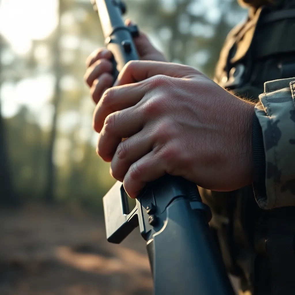 Close-Up of Soldier's Hands on Rifle This intense close-up captures a soldier's hands gripping a rifle, revealing the dirt and grime that tell a story of service and duty. The natural afternoon light illuminates the intricate details of both the hands and the weapon, showcasing calloused skin and rugged textures. The muted earth tones evoke a sense of realism and connection to the military narrative. This image focuses on the very personal relationship between the soldier and their duty, demanding attention to both strength and vulnerability.