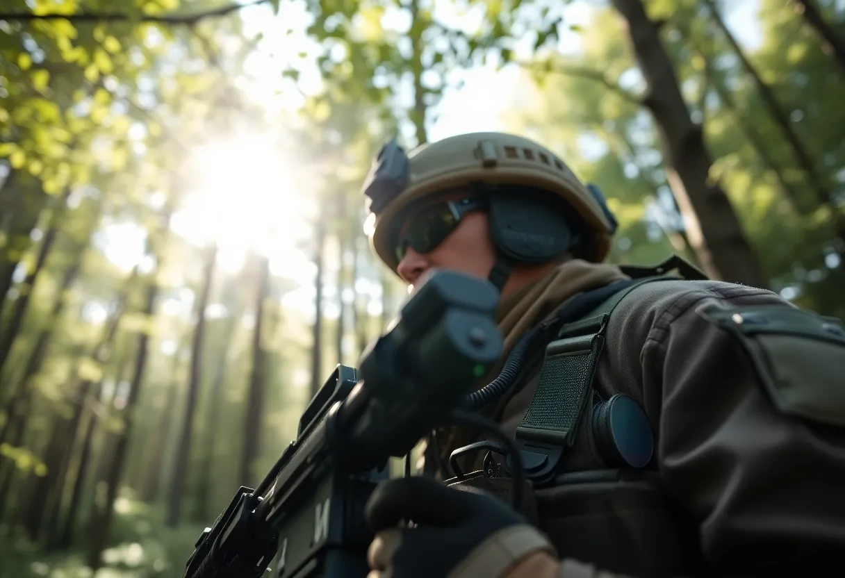 This close-up shot showcases intricate details of a soldier’s military gear amidst a natural setting. The dappled sunlight filters through the trees, highlighting textures and features of the equipment. With soft bokeh enhancing the depth, the image captures a moment of readiness and resilience, blending nature with military preparedness. The earthy color palette enhances the connection with the environment.
