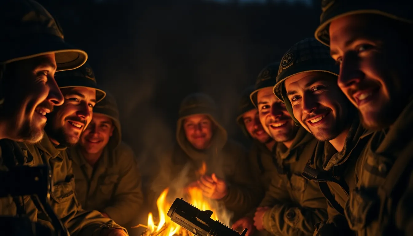 Soldiers Around Campfire at Night A group of soldiers gathered around a campfire on a cool night, their faces illuminated by the flickering warm light. The natural textures of their skin and rugged outdoor attire are highlighted against the deep shadows of the surrounding forest. The scene evokes camaraderie and warmth amidst the darkness, capturing a moment of relaxation and connection after a long day.