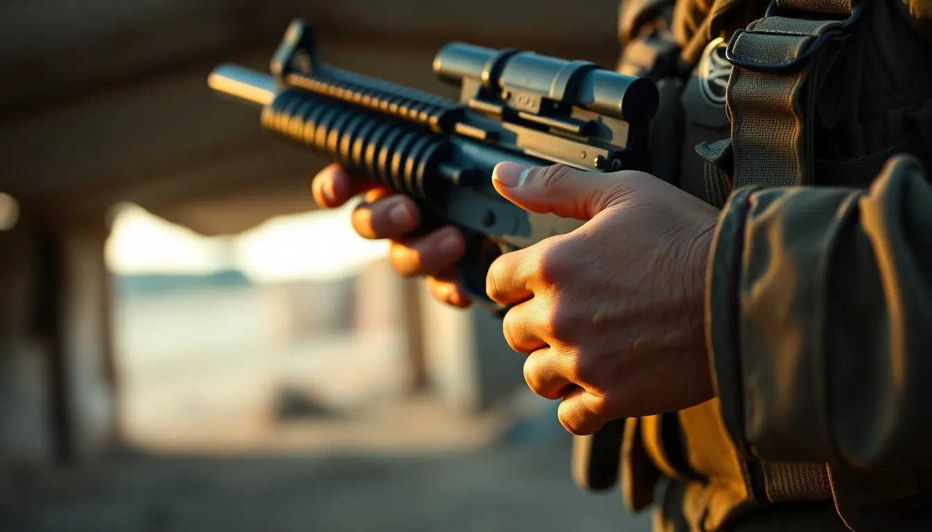 In the soft glow of evening light, a soldier carefully cleans their weapon, hands displaying focused diligence and respect for their craft. Selective focus captures the intricate details of the soldier's hands while blurring the makeshift barracks behind them, creating a serene and intimate atmosphere. Natural muted tones evoke a sense of calm, emphasizing the importance of this reflective moment.