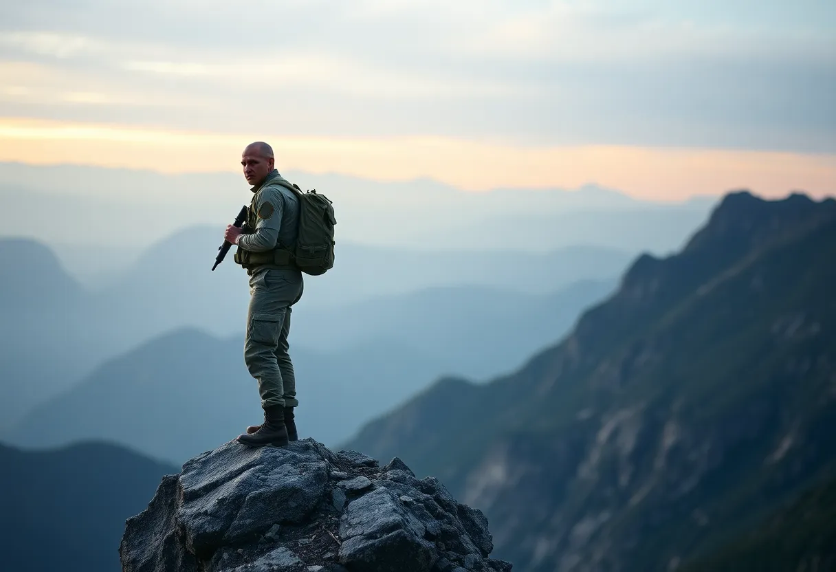 Soldier on Cliff Overlooking Mountain Range A soldier surveys a breathtaking mountain range from a rocky cliff edge at dusk, the soft overcast light creating a serene yet powerful mood. This image captures the juxtaposition of human strength against nature's grandeur, as the soldier's gear blends into the rugged environment. The rich textures of both the soldier and the rocky surface add depth to the composition, inviting viewers to experience the moment of contemplation and duty.