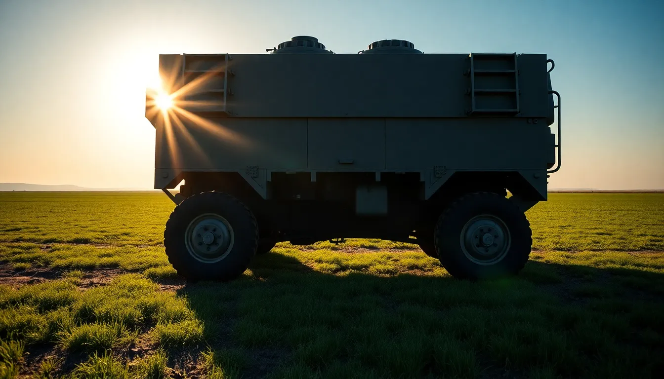 An armored vehicle stands resilient under the bright midday sun, its robust form highlighted by high-contrast lighting. The hyperfocal focus captures intricate details of the vehicle, while the background fades softly, enhancing the vehicle's prominence. Saturated colors reminiscent of Fujifilm Velvia lend vibrancy to the lush landscape, and the centered composition underscores its strength against the vast blue sky.