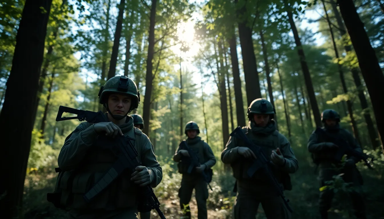 Tactical Formation of Soldiers in Forest A group of soldiers is seen in a tactical formation within a lush forest, surrounded by dappled sunlight filtering through the tree canopy. The vivid saturation of the greens and browns contrasts beautifully with the subdued colors of their uniforms. The composition is symmetrical, emphasizing teamwork and unity, while the soft bokeh in the background adds a touch of ethereal beauty to the serious nature of their mission.