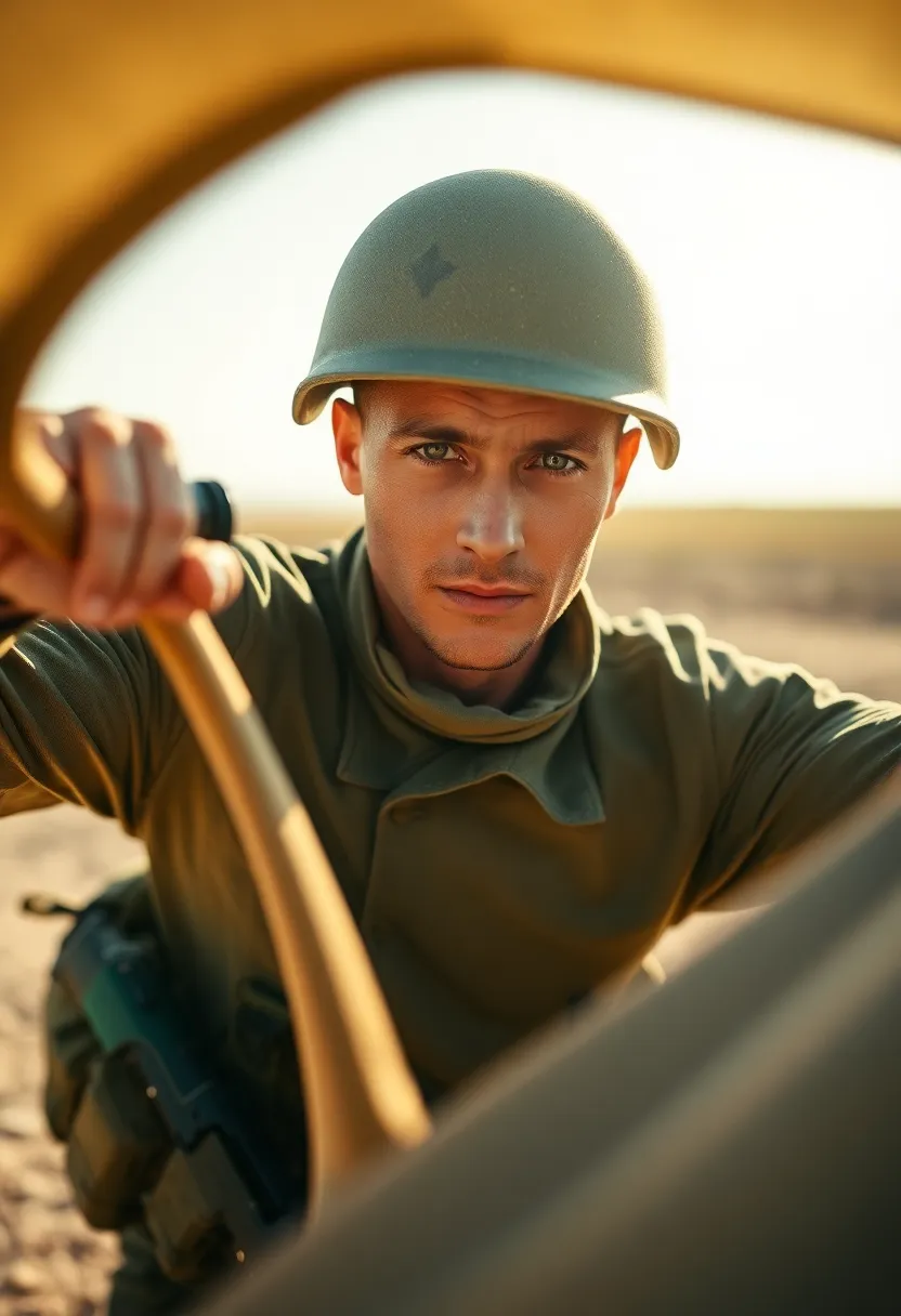 A soldier is captured in a moment of action, set against an expansive landscape under bright daylight. The fabric of his uniform flutters in the breeze, symbolizing movement and readiness. Using selective focus highlights the determination in his expression, while the muted tones convey a calm atmosphere amidst the excitement. The dynamic composition draws the viewer's eye through the action into the broader landscape.