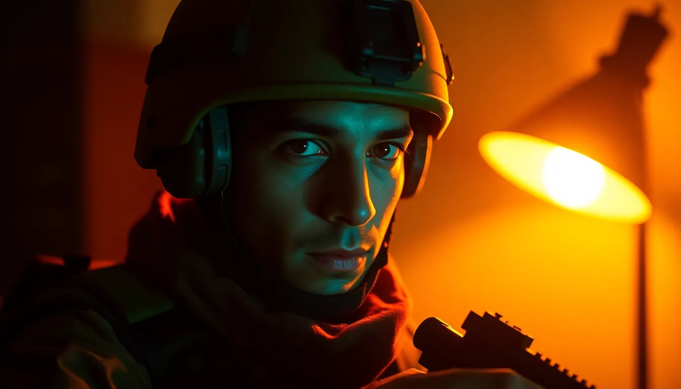 Soldier Ready for Action in Dramatic Light
