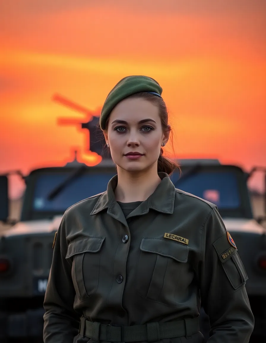Proud Female Soldier at Sunset